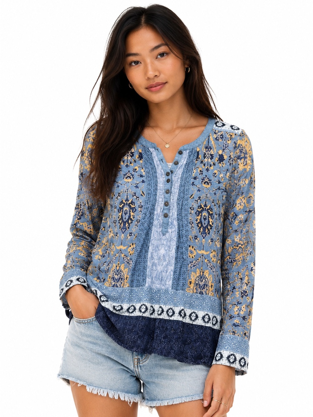 Lucky Brand Floral Popover Top Women’s L Cotton Y2K Boho